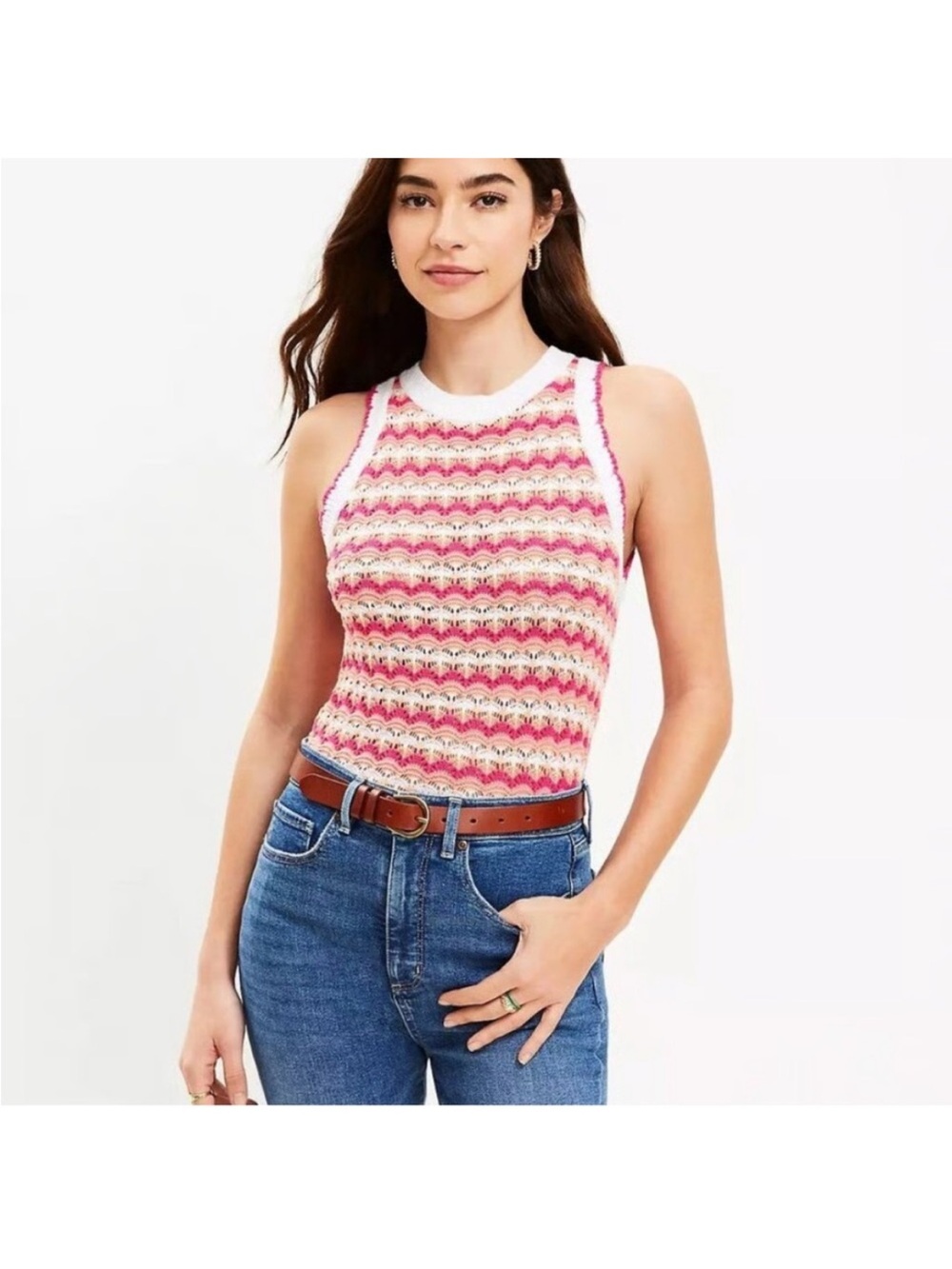 LOFT Pink and White Striped Crochet Tank